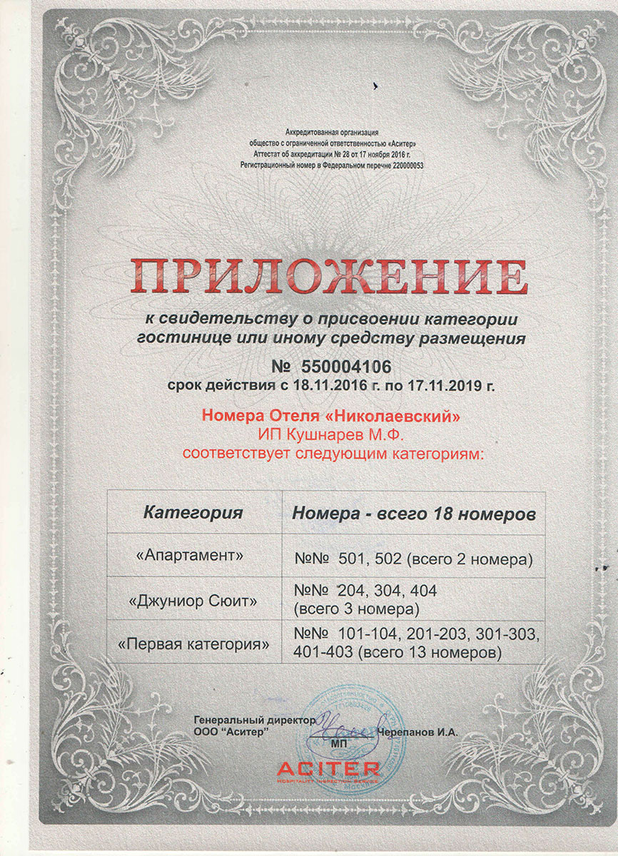 Приложение к свидетельству о присвоении